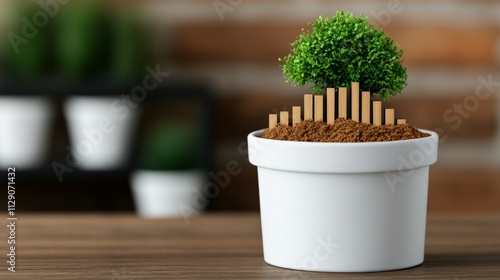 Growth Spurt: A small potted plant with upward trending bar graph symbolizes growth, progress, and investment.  The image is perfect for illustrating concepts related to business growth. photo