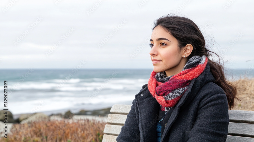 Arabian woman sitting on a bench by the ocean, wearing a coat and a scarf Arabian woman sitting on a bench by the ocean, wearing a coat and a scarf