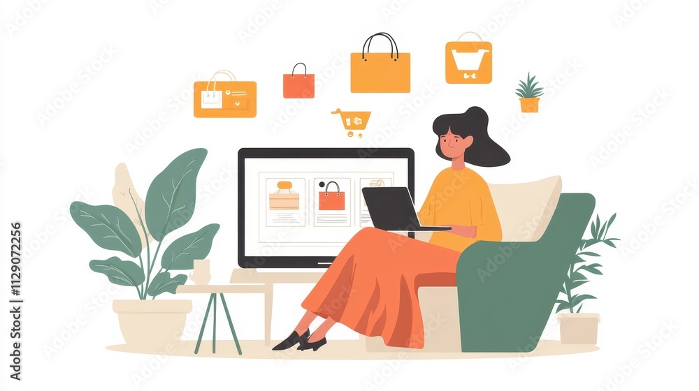 Woman Shopping Online with Laptop Surrounded by Shopping Icons in Modern Living Room with Plants and Comfortable Furniture Design Woman Shopping Online with Laptop Surrounded by Shopping Icons in Modern Living Room with Plants and Comfortable Furniture Design