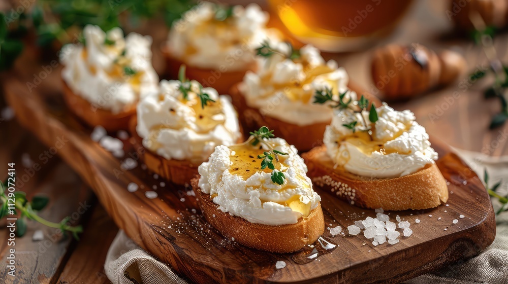 Crostini with Ricotta and Honey, Italian Dish, Italian Cuisine, Italian Food Crostini with Ricotta and Honey, Italian Dish, Italian Cuisine, Italian Food