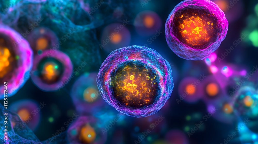 Close-up of glowing adult stem cells, vibrant colors, intricate cellular structure Close-up of glowing adult stem cells, vibrant colors, intricate cellular structure