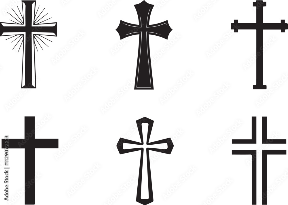 Christian cross symbols silhouette illustration on white background, Christian cross collection. Cross silhouette. Christian cross symbols silhouette illustration on white background, Christian cross collection. Cross silhouette.