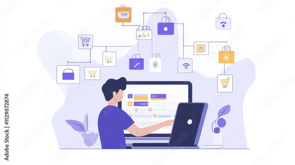 Young man working on a laptop at home, browsing online shopping platforms, exploring digital market trends, and managing virtual shopping carts and payments Young man working on a laptop at home, browsing online shopping platforms, exploring digital market trends, and managing virtual shopping carts and payments