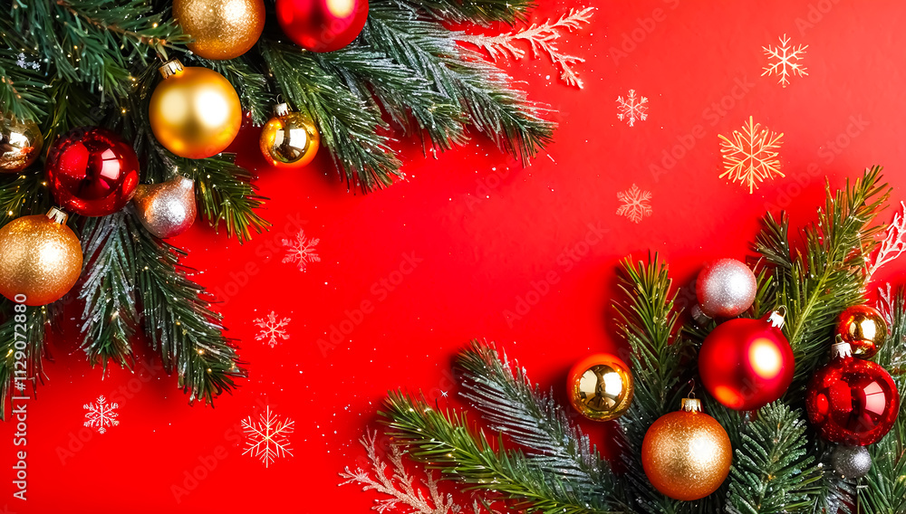 Red and gold Christmas ornaments and greenery on a red background Red and gold Christmas ornaments and greenery on a red background