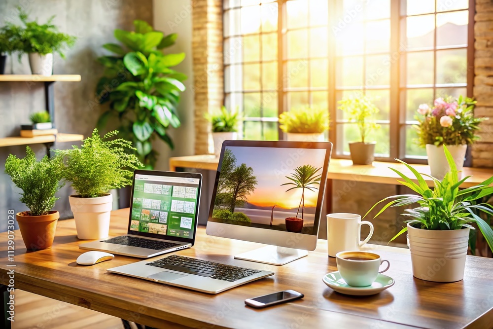 Modern Web Design Studio with Responsive Website Promotion Featuring Computer, Laptop, Tablet, Smartphone Mockups on Desk with Plant and Coffee in a Cozy Office Environment Modern Web Design Studio with Responsive Website Promotion Featuring Computer, Laptop, Tablet, Smartphone Mockups on Desk with Plant and Coffee in a Cozy Office Environment