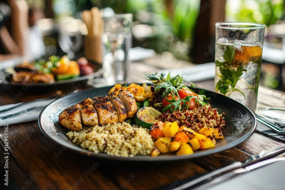 Grilled chicken and fresh vegetable medley outdoor dining culinary presentation lush garden close-up view healthy eating concept Grilled chicken and fresh vegetable medley outdoor dining culinary presentation lush garden close-up view healthy eating concept