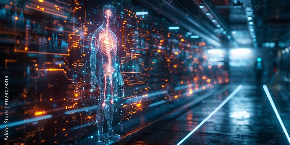 Futuristic holographic human skeleton on a digital interface with glowing orange and blue data elements Futuristic holographic human skeleton on a digital interface with glowing orange and blue data elements