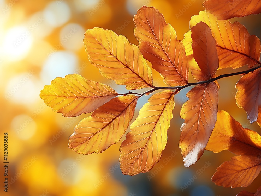 Golden autumn leaves on a branch in sunlight Golden autumn leaves on a branch in sunlight