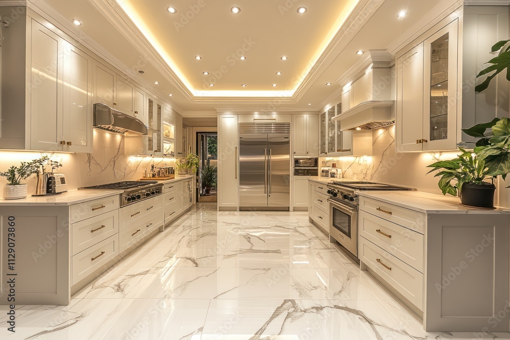 Luxurious modern kitchen with white cabinets, marble floors, and recessed lighting. Luxurious modern kitchen with white cabinets, marble floors, and recessed lighting.