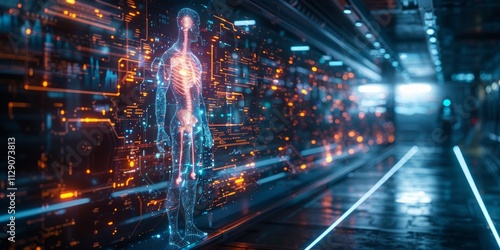  Futuristic holographic human skeleton on a digital interface with glowing orange and blue data elements 