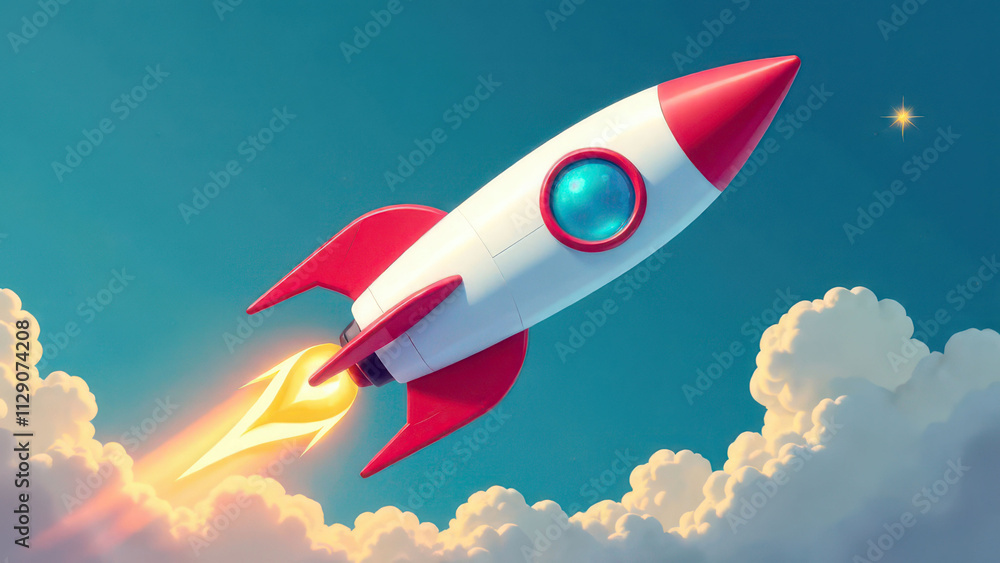 Retro rocket launching into clear sky with bright colors and clouds Retro rocket launching into clear sky with bright colors and clouds