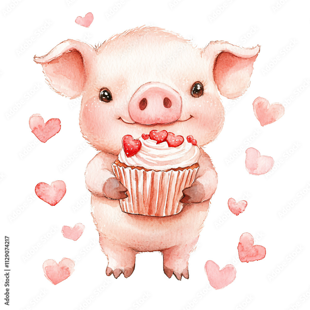 Fototapeta premium Adorable baby piglet holding a heart in a charming watercolor style, perfect for Valentine's Day celebration and animal cartoon lovers.