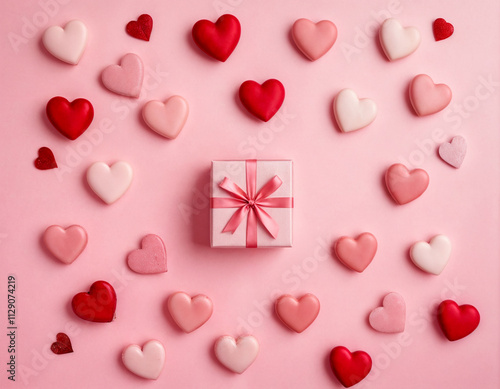 Valentine's Day flat lay composition with gift boxes and hearts on pastel pink background. Flat lay, top view, copy space.