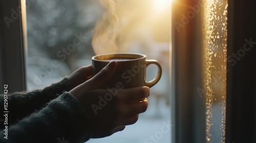 Cinematic mood Concept. A warm cup of steaming beverage held near a window, with sunlight filtering through and condensation on the glass, evoking a cozy, serene atmosphere. photo