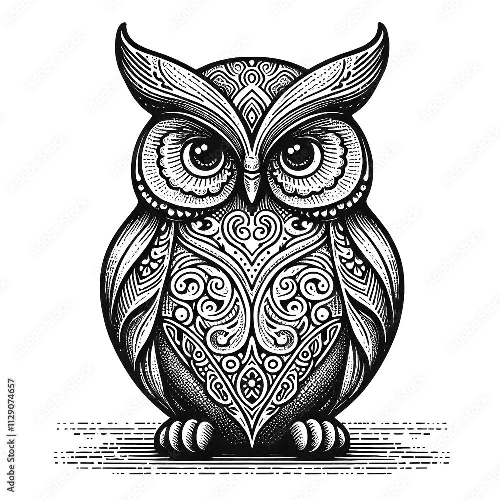 Fototapeta premium Ceramic Owl Figurine Sketch line sketch engraving. black and white.