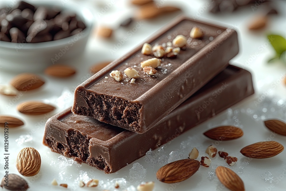 Chocolate ice cream bar, with almonds on the white isolated background. Ice cream bar,summer hot day. Cold yummy ice cream .Ice lolly concept background Chocolate ice cream bar, with almonds on the white isolated background. Ice cream bar,summer hot day. Cold yummy ice cream .Ice lolly concept background