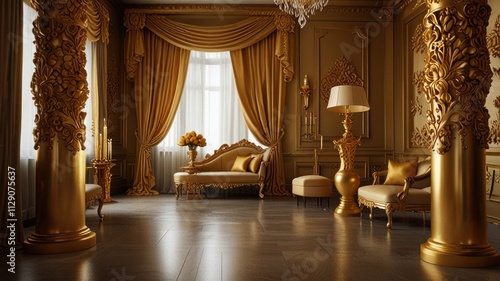 Luxurious gold interior with chaise lounge, ornate columns, and floor lamp.