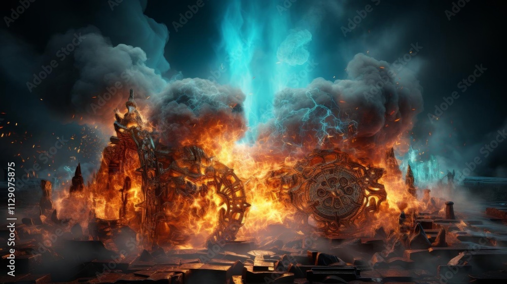 A fiery explosion with a blue and purple sky in the background A fiery explosion with a blue and purple sky in the background