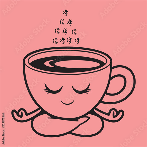 Meditative Coffee Cup with Smiley Face and Steam on Pink Background. cup of coffee