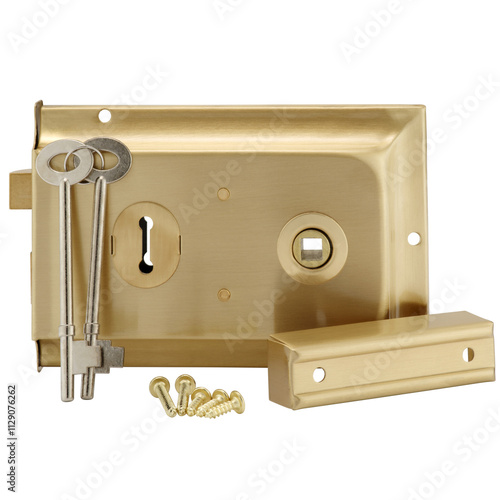 Polished Brass Rim Lock Set with Dual Keys, Keyhole, and Strike Plate for Interior Doors