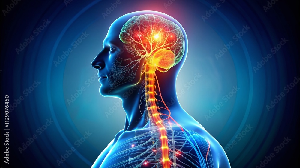 Neural Pain Relief Concept: Illustrating the Connection Between Head, Neck, Spine, and Brain with a Focus on Nerves and Neurons in a Calm and Professional Setting
