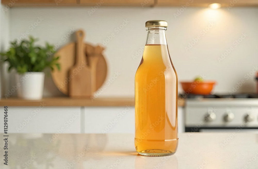 Bottle of kombucha on the table in a spacious, bright modern kitchen. Empty space for text. Probiotic tea for gut health. Bottle of kombucha on the table in a spacious, bright modern kitchen. Empty space for text. Probiotic tea for gut health.