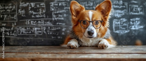 Intelligent Corgi Dog Wearing Glasses in Front of Blackboard with Equations
