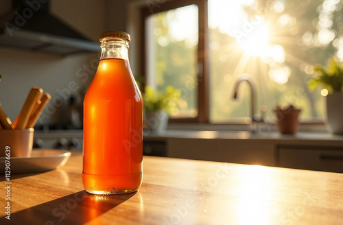 Bottle of kombucha on the table in a spacious, bright modern kitchen. Empty space for text. Probiotic tea for gut health.