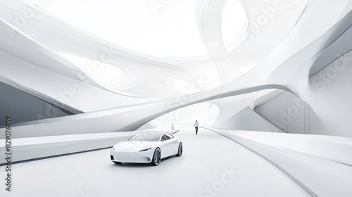 White Car in Futuristic Building: A Vision of Automotive Excellence
