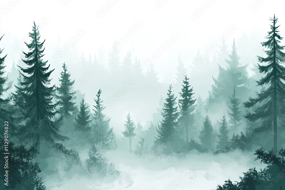Obraz premium Misty Green Forest Coniferous Trees Winter Landscape