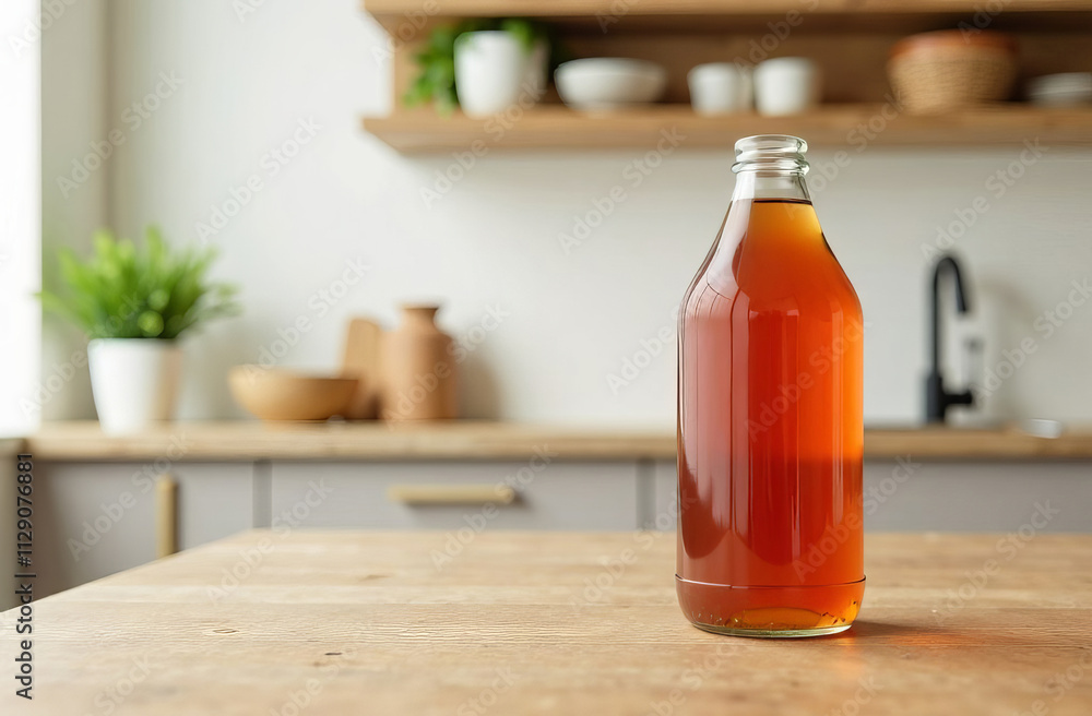 Bottle of kombucha on the table in a spacious, bright modern kitchen. Empty space for text. Probiotic tea for gut health. Bottle of kombucha on the table in a spacious, bright modern kitchen. Empty space for text. Probiotic tea for gut health.