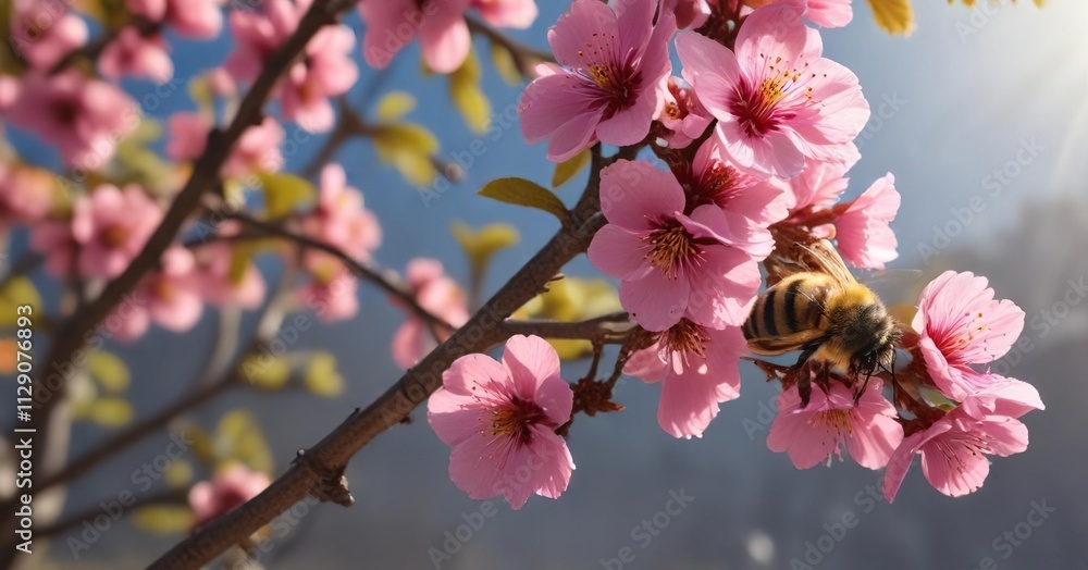 Bee on an apricot branch with vibrant flowers and sunshine, nature's beauty, floral pattern Bee on an apricot branch with vibrant flowers and sunshine, nature's beauty, floral pattern