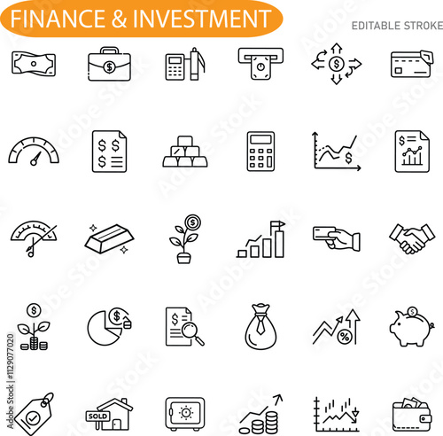 Finance Investment Icons Banking, Money, Growth, Market, Wealth