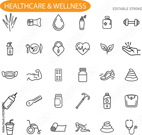 Healthcare Wellness Icons Fitness, Medicine, Nutrition, and Therapy