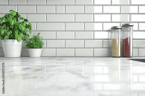 Fototapeta Naklejka Na Ścianę i Meble -  White marble kitchen counter with herbs and spice jars against subway tile backsplash.