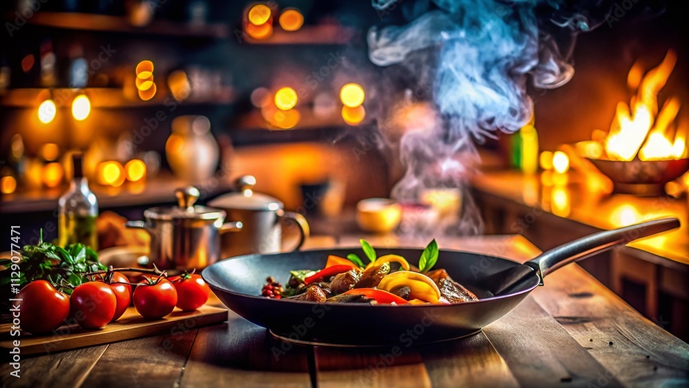 Night Photography of a Frying Pan with Glowing Ingredients and Soft Ambient Light, Capturing the Essence of Culinary Creativity and Home Cooking in a Cozy Kitchen Setting Night Photography of a Frying Pan with Glowing Ingredients and Soft Ambient Light, Capturing the Essence of Culinary Creativity and Home Cooking in a Cozy Kitchen Setting