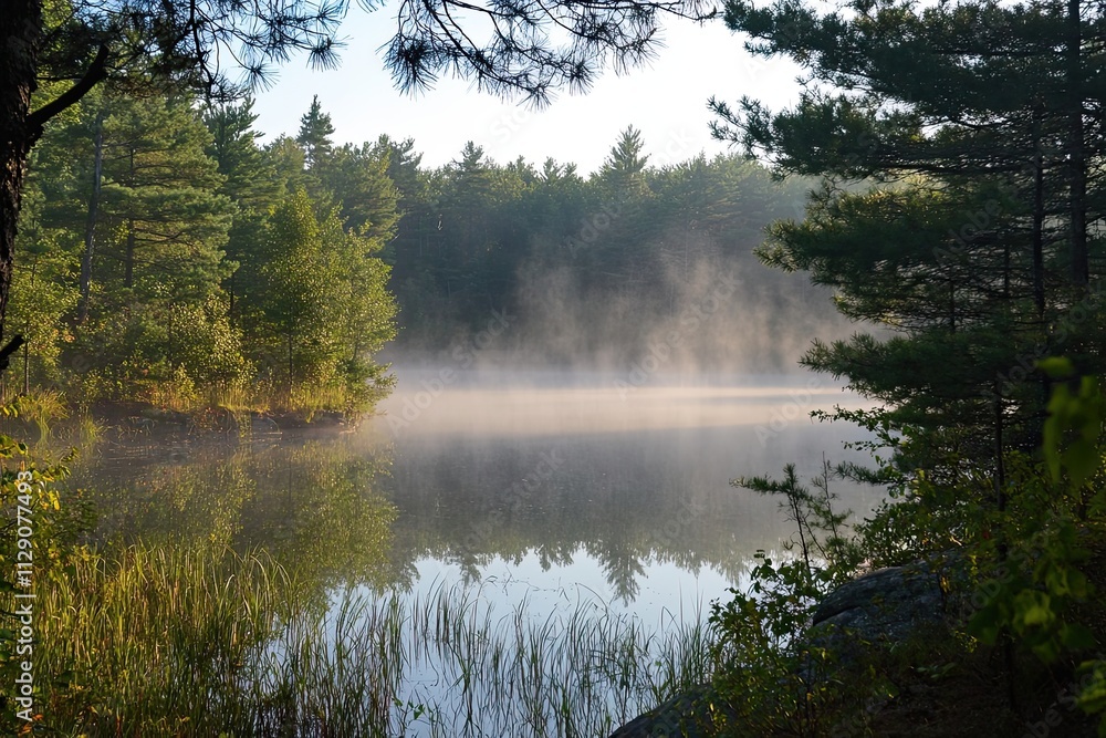Misty Morning Lake Surrounded by Lush Green Pines Misty Morning Lake Surrounded by Lush Green Pines