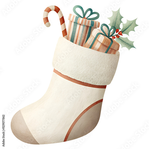 illustration of a Christmas stocking filled with gifts and a candy cane, with a colorful photo