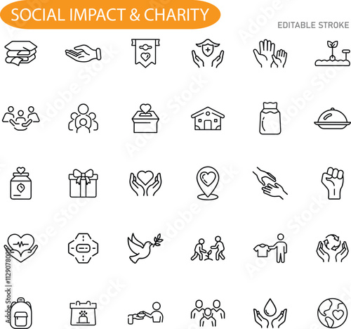 Social Impact Charity Icons Giving, Helping, Donation, Support, Aid