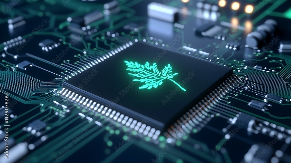 Eco Friendly Technology with Green Leaf Symbol on Circuit Board Eco Friendly Technology with Green Leaf Symbol on Circuit Board