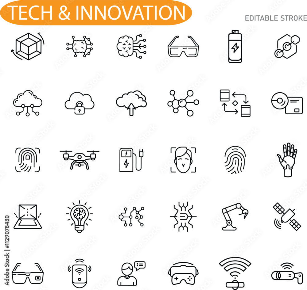 Technology Innovation Icons AI, Cloud, VR, Biometrics, Drones Technology Innovation Icons AI, Cloud, VR, Biometrics, Drones