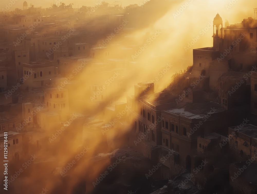 Fototapeta premium Cinematic mood Concept. A golden sunrise casts ethereal light over ancient buildings, creating a serene atmosphere filled with soft shadows and warm hues.