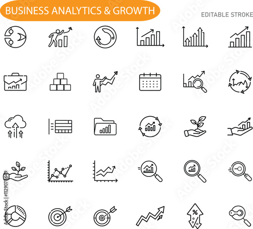Business Analytics Growth Icons Data, Charts, Strategy, Success