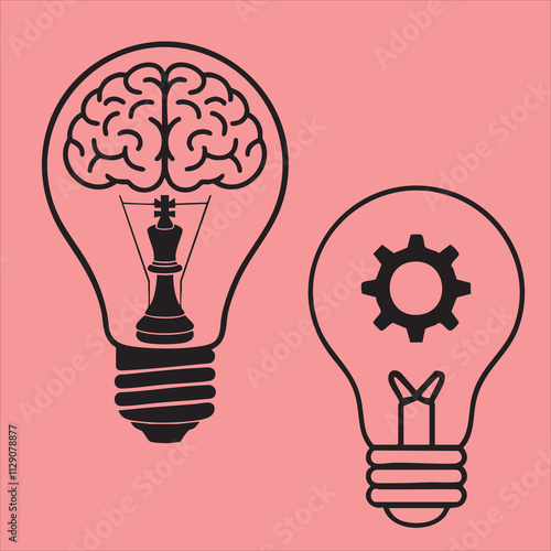 Creative Light Bulbs with Brain and Gear Illustrations on Pink Background