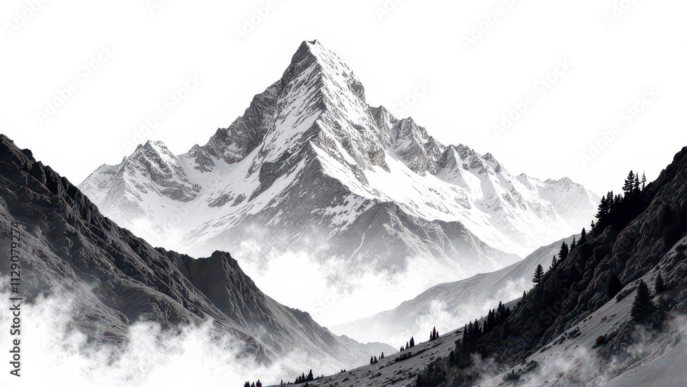 Obraz premium Majestic snow-capped mountain peaks with misty valleys and pine trees in the foreground