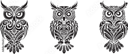 set of owl tribal tattoo graphic design vector clip art black and white silhouette templates