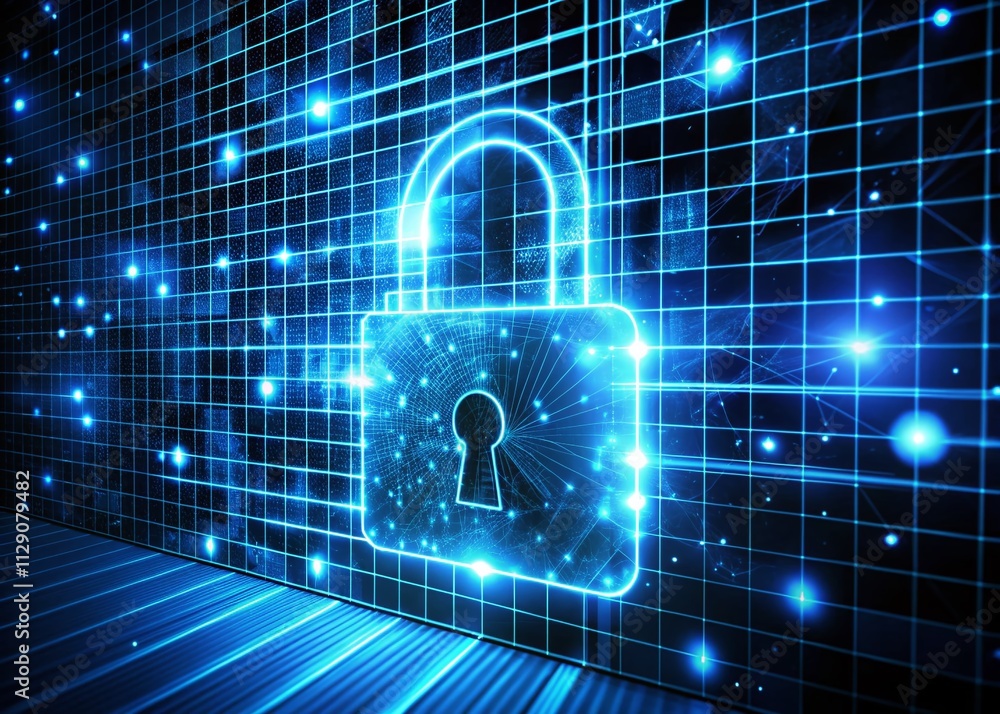 Night Photography of Digital Security with a Lock Symbol Over a Dark Grid Backdrop Featuring Code Lines for Cybersecurity Themes and Protection Concepts Night Photography of Digital Security with a Lock Symbol Over a Dark Grid Backdrop Featuring Code Lines for Cybersecurity Themes and Protection Concepts