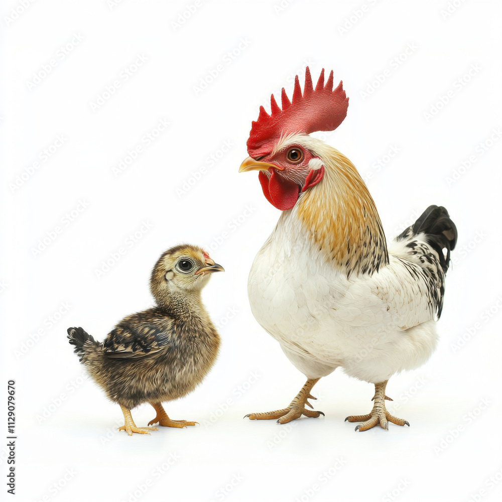 Fototapeta premium Chicken and chick standing together on white background.
