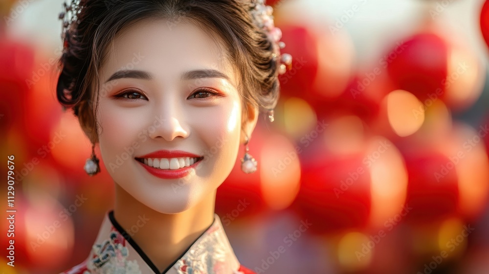 Elegant Asian Woman in Traditional Attire Celebrating Festivity Elegant Asian Woman in Traditional Attire Celebrating Festivity