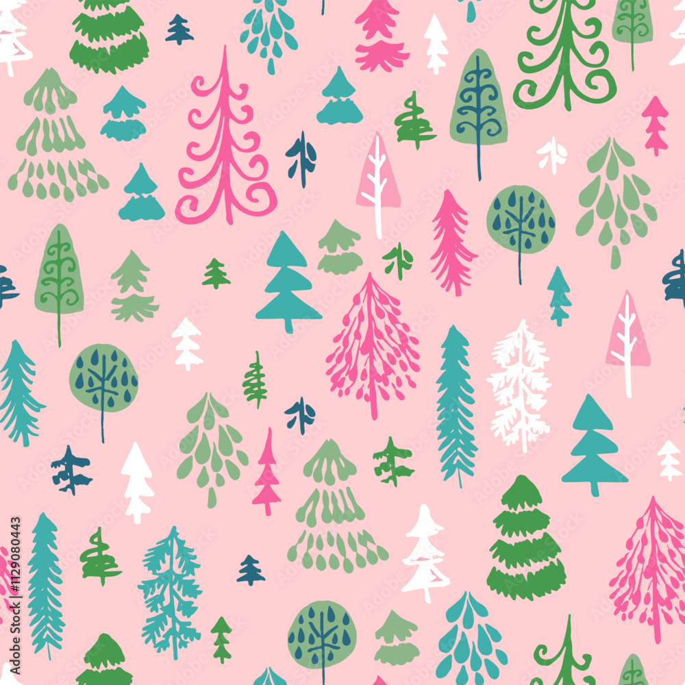Vector seamless repeat pattern with hand drawn Christmas trees of whimsical shapes in pink, teal, green and white. Whimsical holiday background for packaging, fabric, stationery and more. Vector seamless repeat pattern with hand drawn Christmas trees of whimsical shapes in pink, teal, green and white. Whimsical holiday background for packaging, fabric, stationery and more.